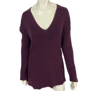 French Connection Sweater Women's Sz L Long Purple V-Neck Ribbed Pullover Wool
